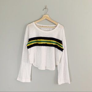 Free People White Long Sleeve Tee with Black, Yellow, and Green Stripes